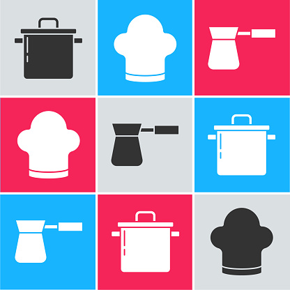 Set Cooking pot, Chef hat and Coffee turk icon. Vector.