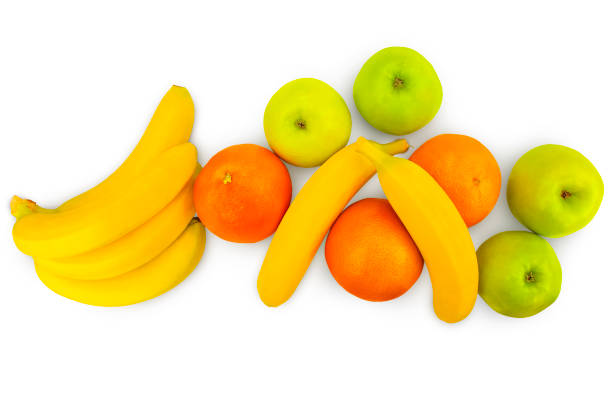 Fruit heap: Unripe bananas, rip bananas, and tangerines.
