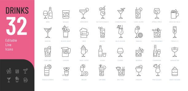 ilustraciones, imágenes clip art, dibujos animados e iconos de stock de conjunto de iconos editables de la línea de bebidas. - bebida alcohólica