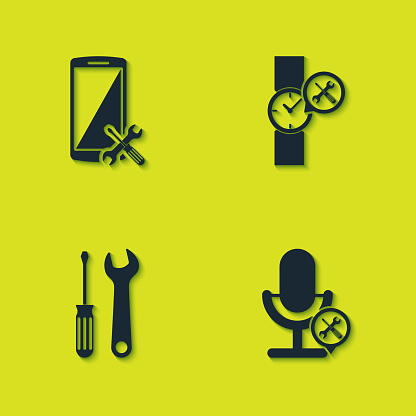 Set Smartphone service, Microphone, Screwdriver and wrench and Wrist watch icon. Vector.