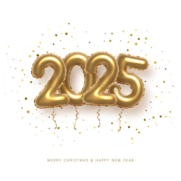 istock 2025 balloon numbers on New Year greeting card vector template. Festive Christmas social media banner design with congratulations. Golden numbers with confetti illustration on black background 2151578246