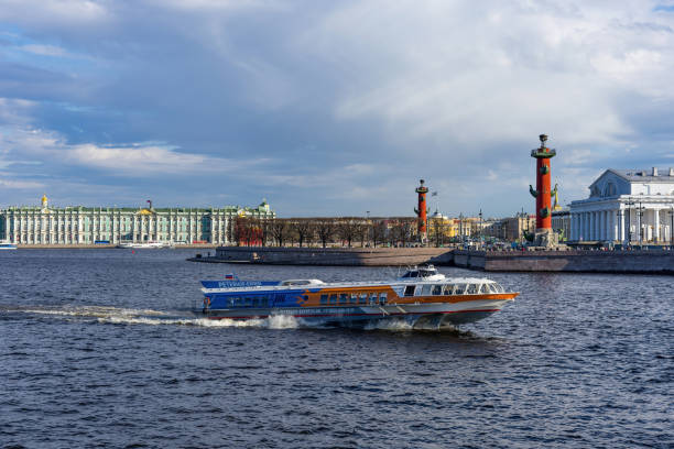 Russia, St.Petersburg - April 26, 2024: Movement of the motor ship Meteor along the Neva River
