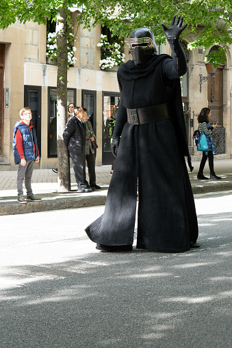 05/04/2024 Pamplona, Navarra, Spain. The pink force cancer association parade. Star Wars Day. Sith Kilo Ren