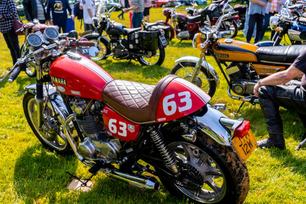 Earsham, Norfolk, UK – May 05 2024. Classic 1981 Yamaha XS650 café racer motorcycle at a small and informal bike meet