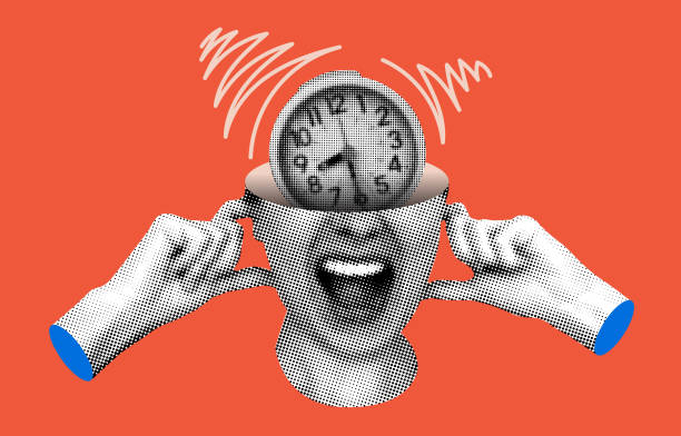 Deadline concept. Screaming woman and alarm clock Deadline concept. Modern collage with indignant female head with an alarm clock inside. Woman plugging her ears with her fingers. Halftone alarm clock is ringing. Trendy vintage newspaper parts vintage tire stock illustrations
