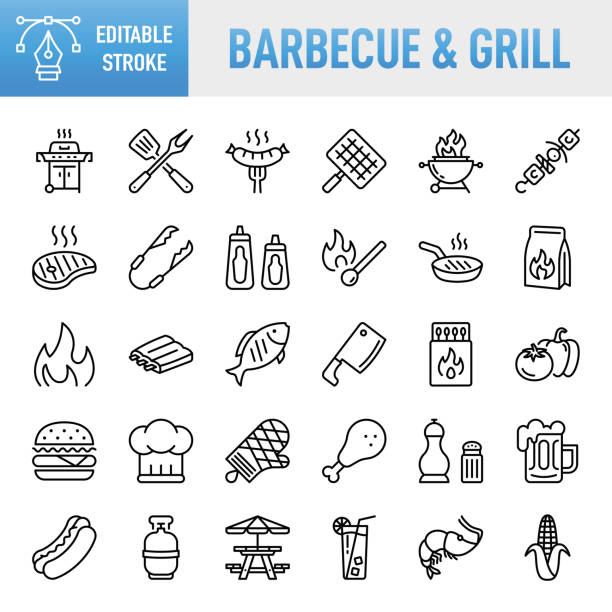 grill — zestaw ikon wektorowych cienkiej linii. piksel idealny. edytowalny obrys. na urządzenia mobilne i w przeglądarce. zestaw zawiera ikony: grill grill, grill - posiłek, grill - spotkanie towarzyskie, grill wołowina, ruszt metalowy, mięso, grill - barbecue stock illustrations