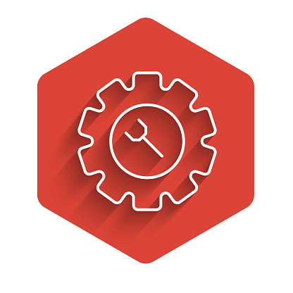White line Wrench and gear icon isolated with long shadow background. Adjusting, service, setting, maintenance, repair, fixing. Red hexagon button. Vector.