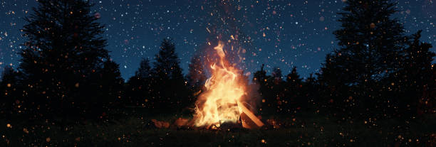 istock big bonfire with sparks and particles in front of spruce trees and starry sky. 3D Rendering 2151604858
