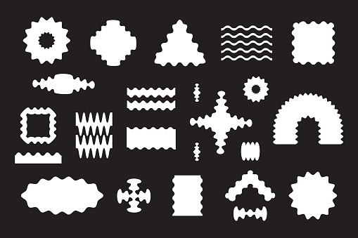 Modern abstract wavy flat solid and blank white random odd shapes icons set design elements on black background