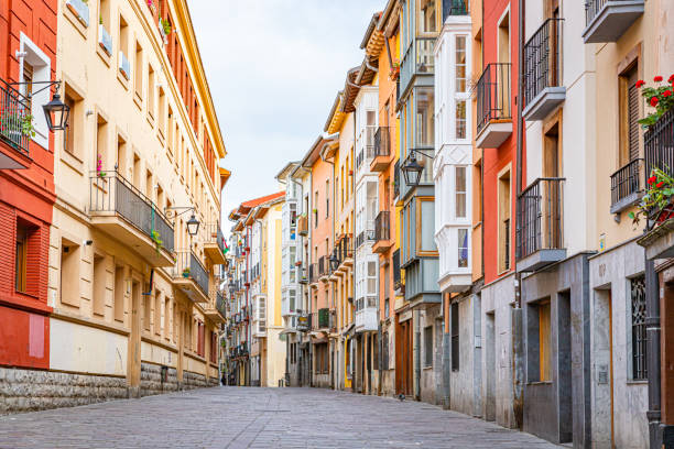 April 24th, 2024. Vitoria, Spain. A pedestrian street  between colorful buildings.
