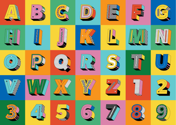 Vector illustration of a Retro 90s Bold Y2K font alphabet design includes capital letters and numbers. Geometric font design includes 3D stylized and detailed capital letters and numbers alphabet set with pastel colors and 90s patterns. Includes fully editable vector art to customize your own text. Individually grouped for easy editing and customization. Colorful background. Download features vector EPS and high resolution jpg download.