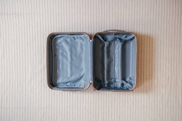 Directly above photo of empty luggage on the carpet in a living room.