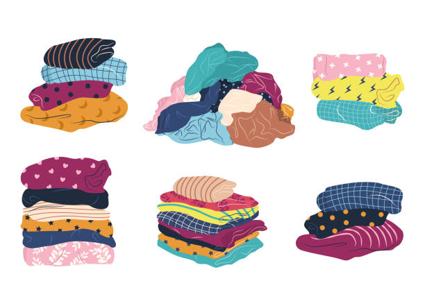 Set with stack of clean and dirty items of clothing. Stack of clean, ironed and dirty items of clothing. Set of folded multicolored clothes, apparel and garments, including sweaters, plaid, shirts, blanket. Isolated vector illustrations on white. colorful check shirts on sale at a clothing store stock illustrations