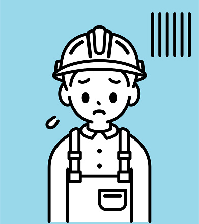 Minimalist Style Characters Designs Vector Art Illustration.
A boy wearing a hard hat, overalls with suspenders or braces, face down and frowning, heavy-hearted, a simple line drawing or icon of a construction worker or builder, with minimalist style, black and white outline.
