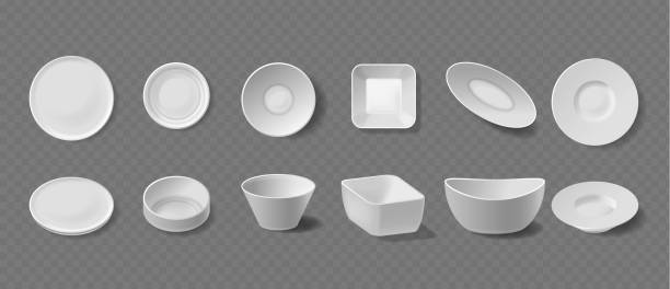 istock Assortment Of White Plates And Bowls In Various Shapes And Sizes. Realistic 3d Vector Tableware Collection 2151625661