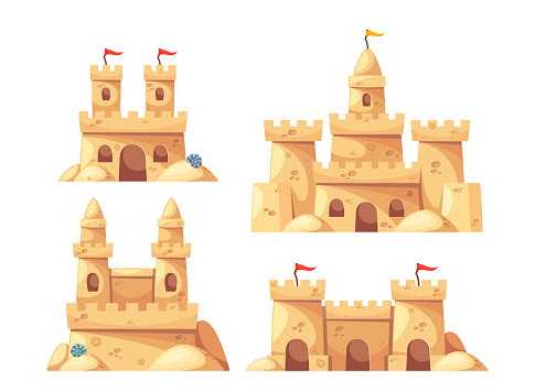 Collection Of Four Whimsical Sand Castles, Each Uniquely Designed With Flags, Intricate Towers, And Archways. Concept Of Summer, Creativity, Or Childhood Beach Activities. Cartoon Vector Illustration