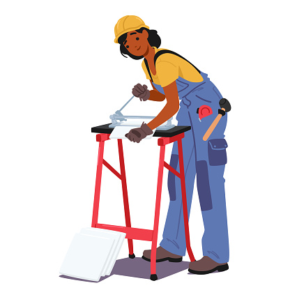 Female Construction Worker in Protective Gear, A Yellow Hard Hat, Orange Vest, And Blue Overalls, Using A Hand Saw To Cut Through A Red Sawhorse, Preparing Materials For A Construction Project On Site