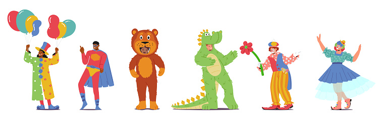 Joyful Animator Characters In Vibrant Costumes of Magician, Superhero, Bear, Crocodile, Clown And Ballerina, Ready To Entertain And Delight At Festive Holiday Event. Cartoon People Vector Illustration