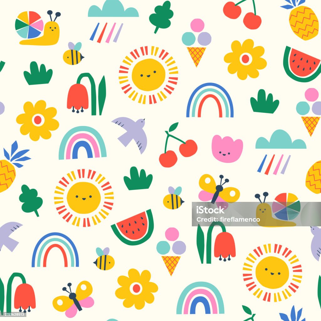 Cute summer pattern in rainbow colors - Royalty-free Infância arte vetorial Cute summer pattern in rainbow colors - Royalty-free Infância arte vetorial