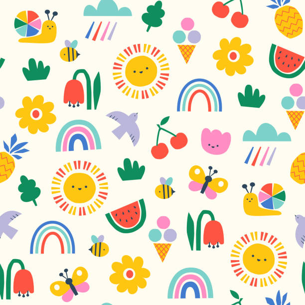 bildbanksillustrationer, clip art samt tecknat material och ikoner med cute summer pattern in rainbow colors - regnbåge