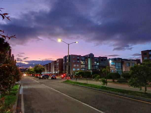 Pink sky with clouds at sunset in the city
