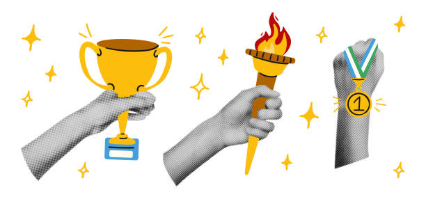 Trendy halftone collage elements set vector illustration Trendy collage elements set Halftone hands holding trophy cup, torch with burning fire and first place gold medal. Success, victory. Modern retro vector illustration for mixed media design popart hand stock illustrations