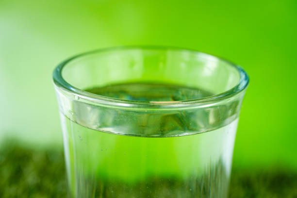 Glass of water among the greenery, Environmental concept, Problem with global warming, drought and lack of drinking water in the world