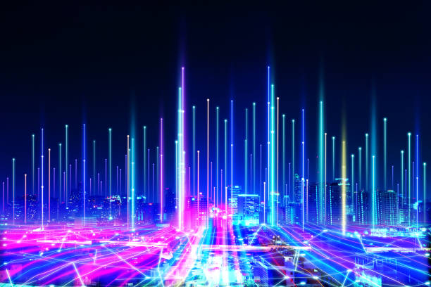 istock Colorful dot and point network with light tail decorate on night city scape for smartcity technology  background concept. 2151631652