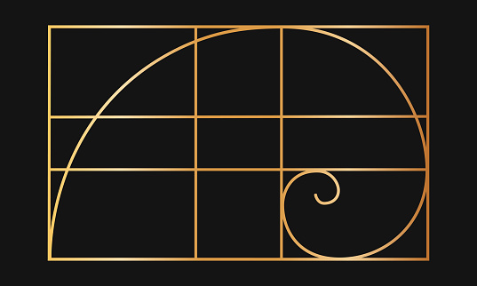 Golden ratio template. Gold logarithmic spiral in rectangle frame divided on lines. Fibonacci sequence grid. Perfect symmetry proportions layout. Nature harmony graphic formula. Vector illustration.