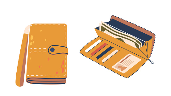 Stylish Women Wallet Shown Open And Closed, Displaying Compartments For Cards, Cash, And Id, Emphasizing Their Utility And Modern Design. Isolated Leather Accessory. Cartoon Vector Illustration.