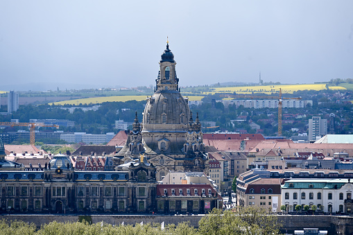 Dresden, Saxony, Germany, April 25, 2024 - The Dresden Frauenkirche seen from the Dreikönigskirche.