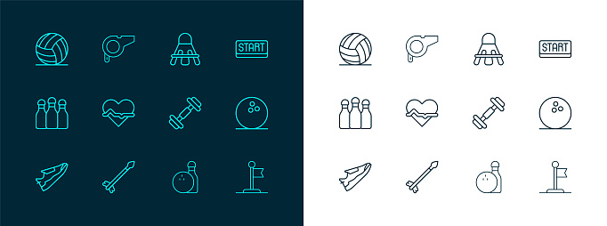 Set line Ribbon in finishing line Medieval arrows Dumbbell Bowling pin and ball Heart rate Badminton shuttlecock Volleyball and Whistle icon. Vector.