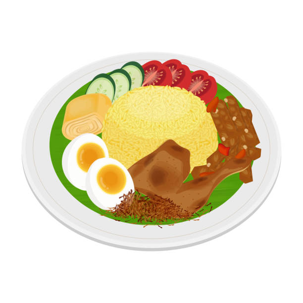 Indionesian food Nasi Kuning on a white plate Vector illustration of Nasi Kuning yellow rice or Turmeric rice shredded chicken stock illustrations