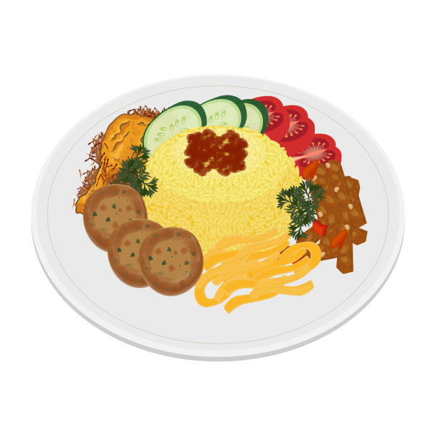 Traditional indonesian Nasi Kuning or yellow rice Vector illustration Nasi Kuning or yellow rice or Turmeric rice on a plate shredded chicken stock illustrations