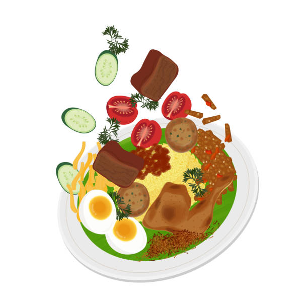 Levitation Nasi Kuning or Turmeric Vector illustration levitation Nasi Kuning or yellow rice or Turmeric rice on a plate shredded chicken stock illustrations