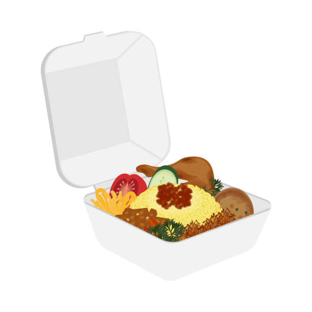 Nasi Kuning or Turmeric rice on a Styrofoam box Vector illustration Nasi Kuning or yellow rice or Turmeric rice on a Styrofoam box shredded chicken stock illustrations