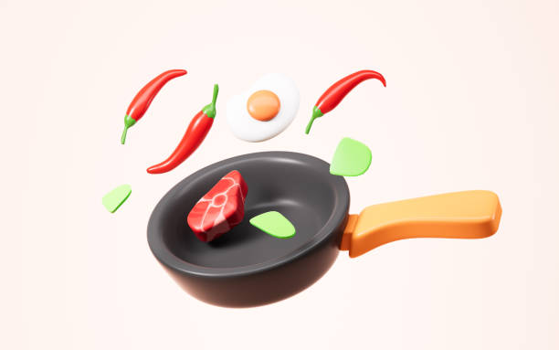 istock Cartoon chilies and a fried dish, food and cooking, 3d rendering. 2151638473