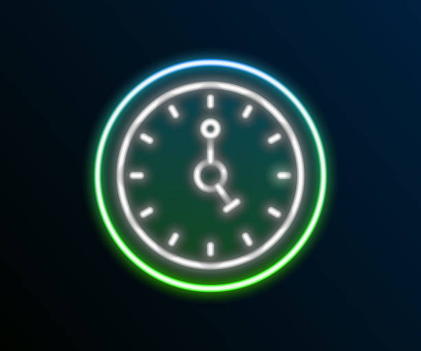 istock Glowing neon line Clock icon isolated on black background. Time symbol. Colorful outline concept. Vector 2151639041