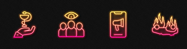 istock Set line Protest, Caduceus snake medical, Spy, agent and Burning car. Glowing neon icon. Vector 2151648882