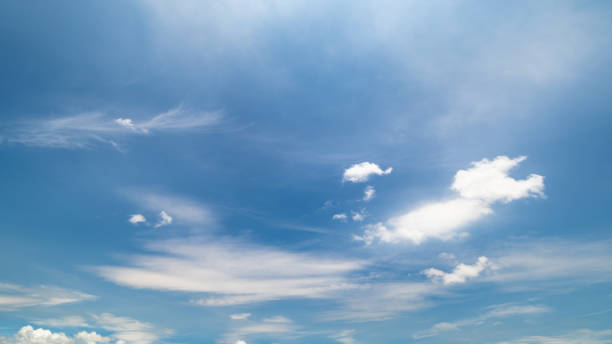 istock Panoramic view of clear blue sky and clouds, Blue sky background with tiny clouds. White fluffy clouds in the blue sky. Captivating stock photo featuring the mesmerizing beauty of the sky and clouds. 2151649978