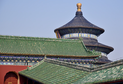 Tourist landmark of Temple of Heaven, where emperors of the Ming and Qing dynasties prayed to Heaven for good harvest, in Beijing, China