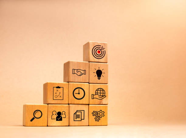 istock Business startup action plan and targeting with growth success process for leadership concept. Strategy icons on wooden cube blocks as graph step isolated on brown recycle paper background with space. 2151651195