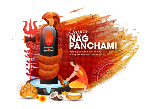 Happy Nag Panchami greeting card with king cobra. Snake Festival in India. Illustration of Hindu religious festival Nag Panchami background celebrated in India stock illustration Nag Panchami stock illustrations