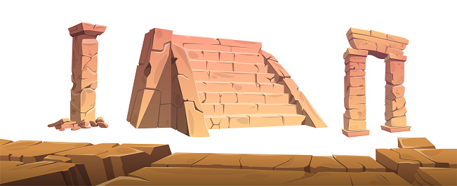 Stone ruins of broken ancient stone buildings. Arch rock entrance, part of brick column and stairs. Cartoon vector illustration set pieces of abandoned architecture and old temple construction.