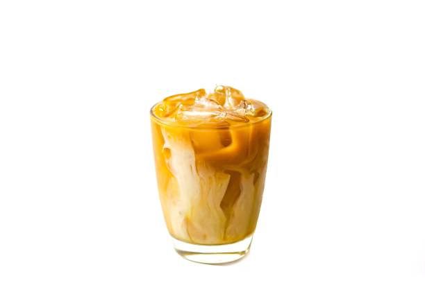 Photo of latte ice coffee put on white background with isolated concept.
