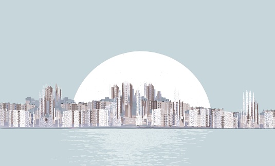 Horizontal background with a solar disk over the city, on the seashore, made in monochrome technique