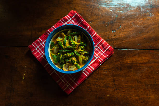 Dahi Bhindi or Okra made with yogurt and Indian spices seved in a bowl.  View from top.