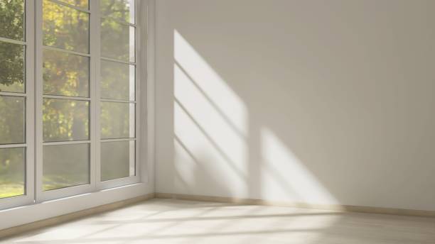 istock Empty room with white wall in sunlight from window, tree shadow on wood laminated floor 2151663390