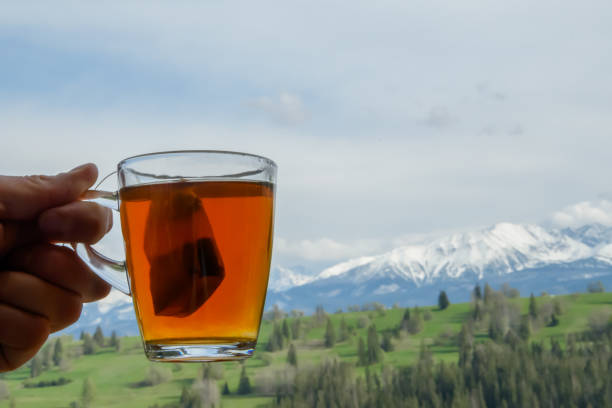 Tea from a bag brewed in a glass, held in hand with the mountains in the background