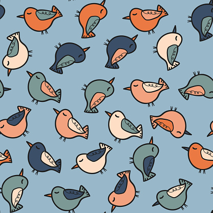 Seamless pattern with funny colorful birds. Color flat vector illustration with little cartoon bird. Cute characters. Template design for invitation, poster, card, flyer, textile, fabric for kids.